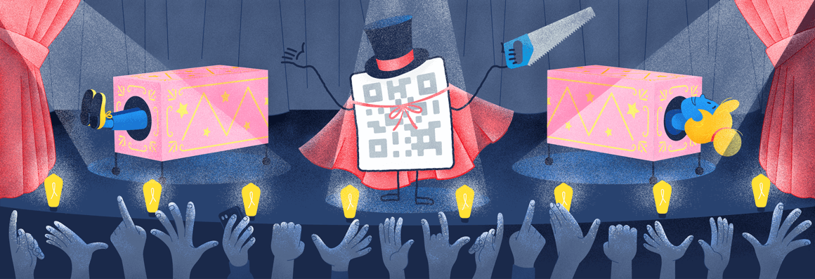 A magician QR Code wearing a red cape and a black top hat holds a saw in their hand after completing a magic trick on a stage