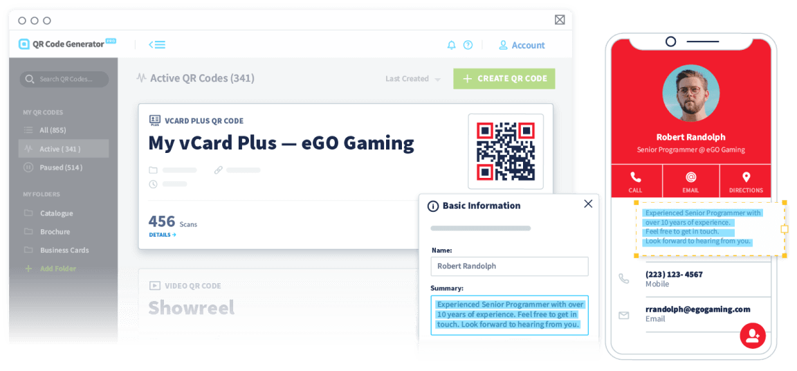 QR Code Generator Dashboard shown next to a smartphone highlighting blue text.