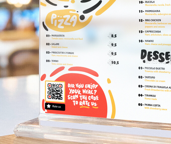 Table tent at a restaurant with a QR Code that lets customers leave a five-star scale rating about the food and services.